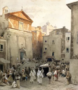 Funeral in Palestrina by Oswald Achenbach Oil Painting