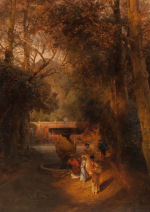Gardens and fountain of the Villa Torlonia, Frascati, Rome by Oswald Achenbach Oil Painting