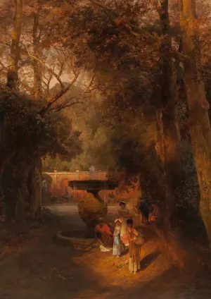 Gardens and fountain of the Villa Torlonia, Frascati, Rome by Oswald Achenbach Oil Painting