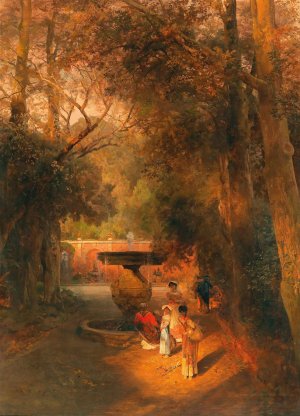 In the park by the fountain of Villa Torlonia in Frascati, near Rome by Oswald Achenbach Oil Painting