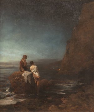 Night by the beach of Naples by Oswald Achenbach Oil Painting
