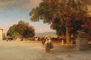 Scene at dusk on the terrace of Villa Grazioli in Grottaferrata by Oswald Achenbach Oil Painting