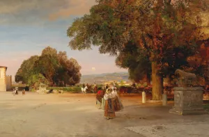 Scene at dusk on the terrace of Villa Grazioli in Grottaferrata by Oswald Achenbach Oil Painting
