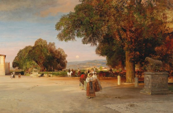Scene at dusk on the terrace of Villa Grazioli in Grottaferrata by Oswald Achenbach - Hand-Painted Oil Painting Reproduction