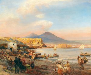 Sunset In The Bay Of Naples by Oswald Achenbach Oil Painting