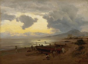 Sunset On The Shore by Oswald Achenbach Oil Painting