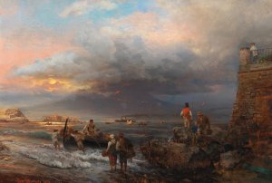 The Bay of Naples with Vesuvius in the background by Oswald Achenbach Oil Painting