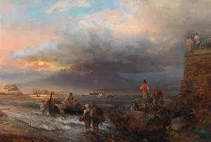 The Bay of Naples with Vesuvius in the background by Oswald Achenbach Oil Painting