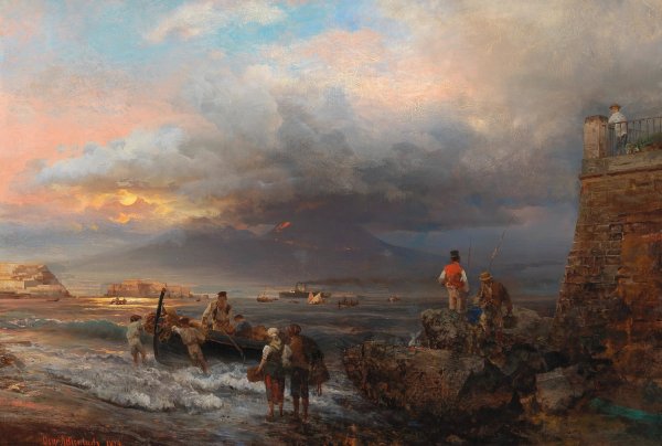 The Bay of Naples with Vesuvius in the background by Oswald Achenbach - Hand-Painted Oil Painting Reproduction
