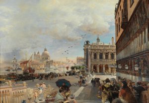 Venice, A View Of The Piazzetta, With The Biblioteca Marciana, Santa Maria Della Salute And The Dogana by Oswald Achenbach Oil Painting