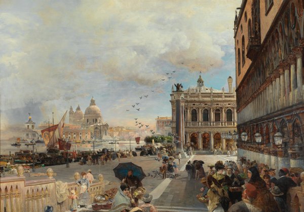 Venice, A View Of The Piazzetta, With The Biblioteca Marciana, Santa Maria Della Salute And The Dogana by Oswald Achenbach - Hand-Painted Oil Painting Reproduction