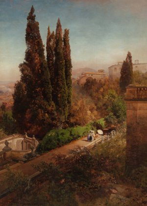 View from high in the gardens of Villa Torlonia, Frascati, Rome by Oswald Achenbach Oil Painting