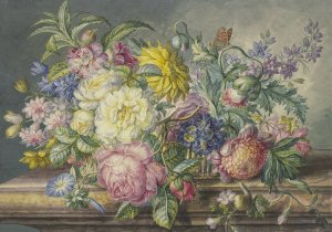 Blumenstraus In Einem Korb, Dabei Eine Schnecke Und Ein Schmetterling by Oswald Wijnen Oil Painting
