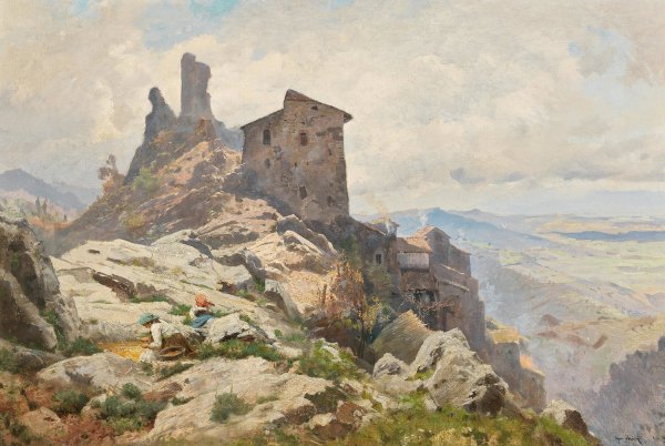 Lago Fucinio by Othmar Brioschi - Hand-Painted Oil Painting Reproduction