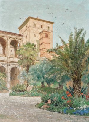 Vedute der Botschaft in Rom; Garten mit Blick auf Bogengange by Othmar Brioschi Oil Painting