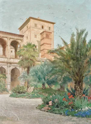 Vedute der Botschaft in Rom; Garten mit Blick auf Bogengange by Othmar Brioschi Oil Painting