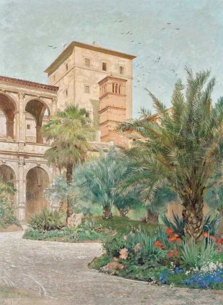 Vedute der Botschaft in Rom; Garten mit Blick auf Bogengange  by Othmar Brioschi - Hand-Painted Oil Painting Reproduction