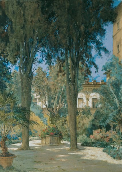Vedute der Botschaft in Rom; Gartenpartie mit zwei Zypressen  by Othmar Brioschi - Hand-Painted Oil Painting Reproduction