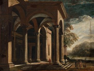 Arkitekturfantasi, palats i landskap by Ottavio Viviani Oil Painting