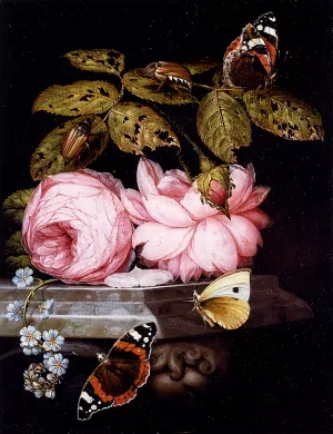 A Still Life With Sprigs Of Guelder Rose And Forget Me Not Resting On A Sculpted Marble Ledge, And Red Admiral Butterflies And A Cabbage White, And Large Bugs Oil painting by Ottmar Elliger The Elder