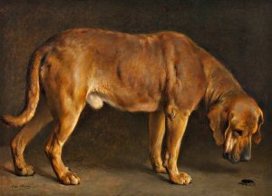 A Broholmer dog looking at a stag beetle Oil painting by Otto Bache