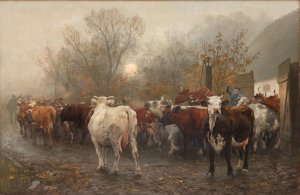 Driving Cows out of the Cowhouse by Otto Bache Oil Painting