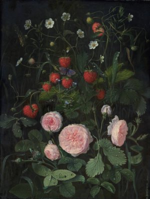 Still Life With Roses And Strawberries by Otto Didrik Ottesen Oil Painting