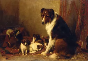 A Collie and Her Puppies by Otto Eerelman Oil Painting