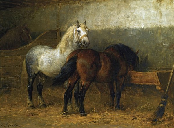 Horses in Stable by Otto Eerelman - Hand-Painted Oil Painting Reproduction