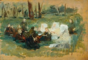 Kindergruppe mit drei weisgekleideten Nonnen und einem Geistlichen auf einer Waldwiese in der Sonne Oil painting by Otto Friedrich
