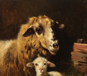 Mutterschaf mit Lamm im Stall by Otto Gebler Oil Painting