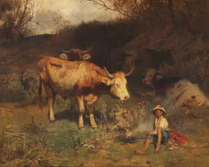 Rast des Hirtenjungen mit seinen Tieren Oil painting by Otto Gebler