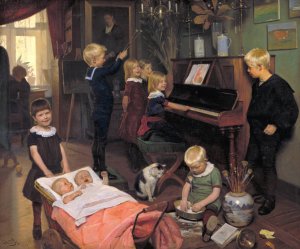 A Concert, The Artist's Children and their Playmates by Otto Haslund Oil Painting
