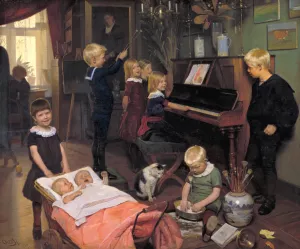 A Concert, The Artist's Children and their Playmates by Otto Haslund Oil Painting
