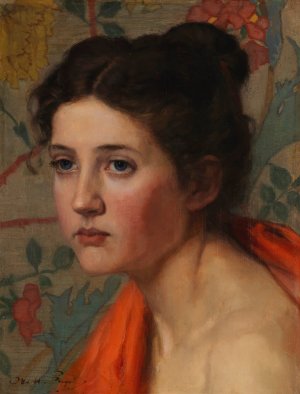 Weiblicher Studienkopf vor floralem Hintergrund by Otto Heinrich Engel Oil Painting