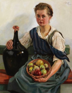 Madchen mit Obstkorb und Weinflasche by Otto Keck Oil Painting