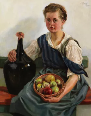 Madchen mit Obstkorb und Weinflasche by Otto Keck Oil Painting