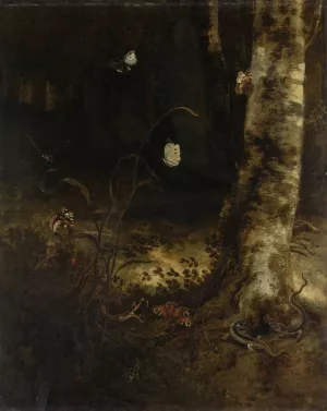 Forest Floor with a Snake, Lizards, Butterflies and other Insects by Otto Marseus Van Schrieck Oil Painting