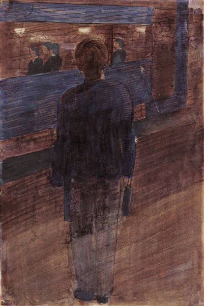 Jungling vor Strassenbahn  by Otto Meyer-Amden - Hand-Painted Oil Painting Reproduction