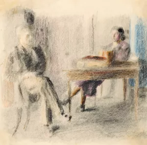 Mann und Frau am Tisch in Amdener Stube by Otto Meyer-Amden Oil Painting