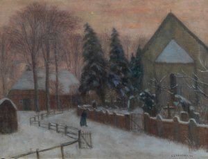Winterabend, Fischerhuder Kirche mit Heimathaus by Otto Modersohn Oil Painting