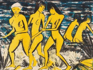 Funf Gelbe Akte Am Wasser by Otto Mueller Oil Painting