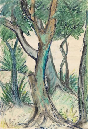 Landschaft mit Baumen im Vordergrund by Otto Mueller Oil Painting