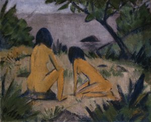 Sitting and Kneeling Figures on the Bank of the Moritzburg Lakes by Otto Mueller Oil Painting