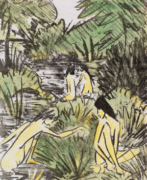 Waldsee mit drei badenden und einem sitzenden Madchen 2 by Otto Mueller Oil Painting
