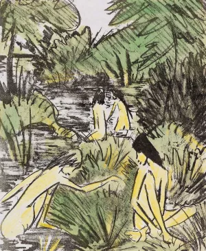 Waldsee mit drei badenden und einem sitzenden Madchen 2 by Otto Mueller Oil Painting