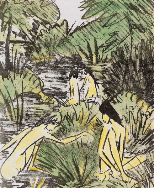 Main Product Photo of Waldsee mit drei badenden und einem sitzenden Madchen 2  Painting by Otto Mueller