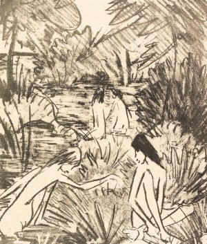 Waldsee mit drei badenden und einem sitzenden Madchen 2 by Otto Mueller Oil Painting