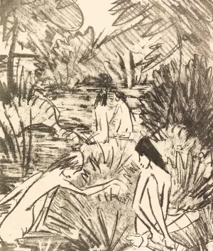 Waldsee mit drei badenden und einem sitzenden Madchen 2 by Otto Mueller Oil Painting