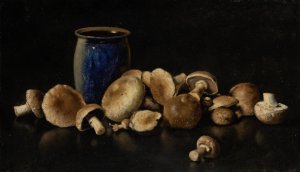 Still Life With Blue Vase And Mushrooms by Otto Scholderer Oil Painting